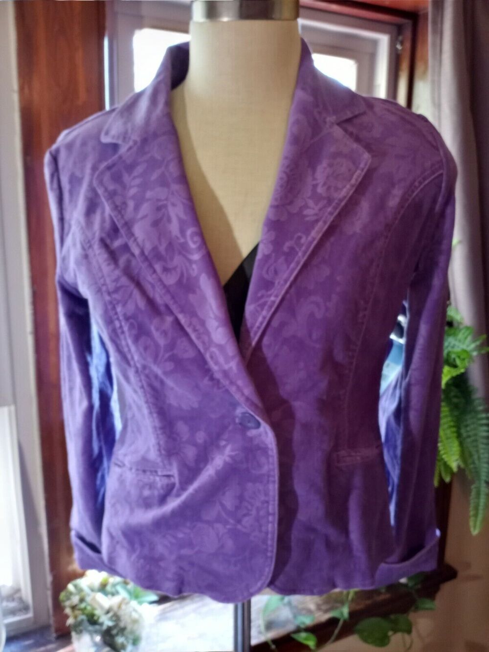 Relativity Purple Flocked Floral 1 Button Up Jacket Size XL